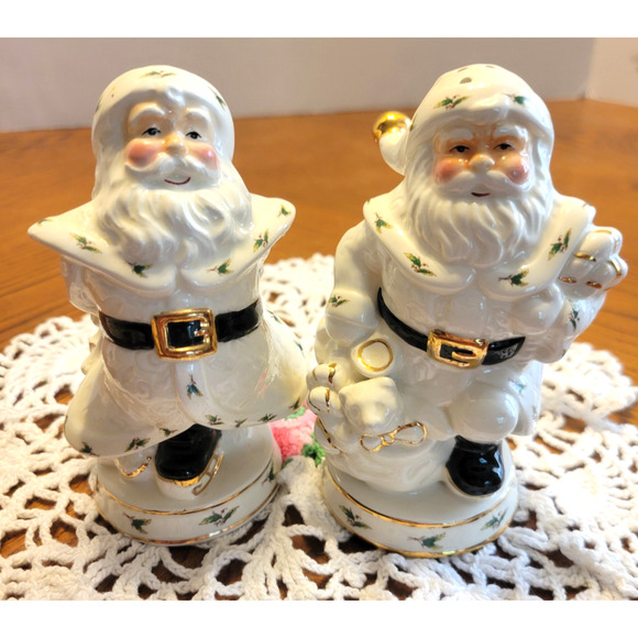 VTG Holly Holiday Santa Claus Salt Pepper Shakers White Christmas Ornaments - Picture 1 of 7